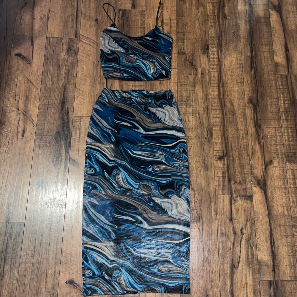 Blue Marble Midi Skirt Set